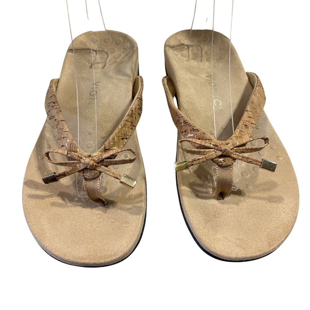 Vionic Bella Cork Thong Sandals Tan Bow Gold Accent Womens 9.5 448BELLA‎